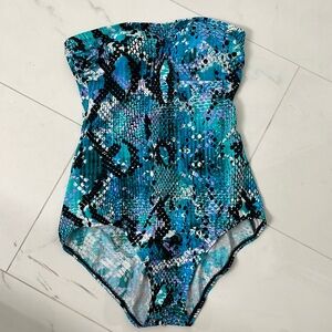 Jantzen swimsuit blue snake skin print size 10 strapless 80s 90s beach cruise